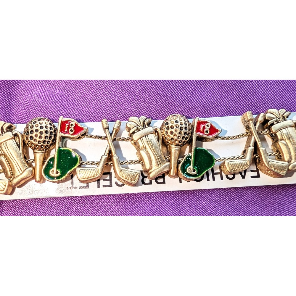 VTG Slide Charm Bracelet Enamel Golf Clubs Bags Ball Tees Flags Gold Tone 7.5"